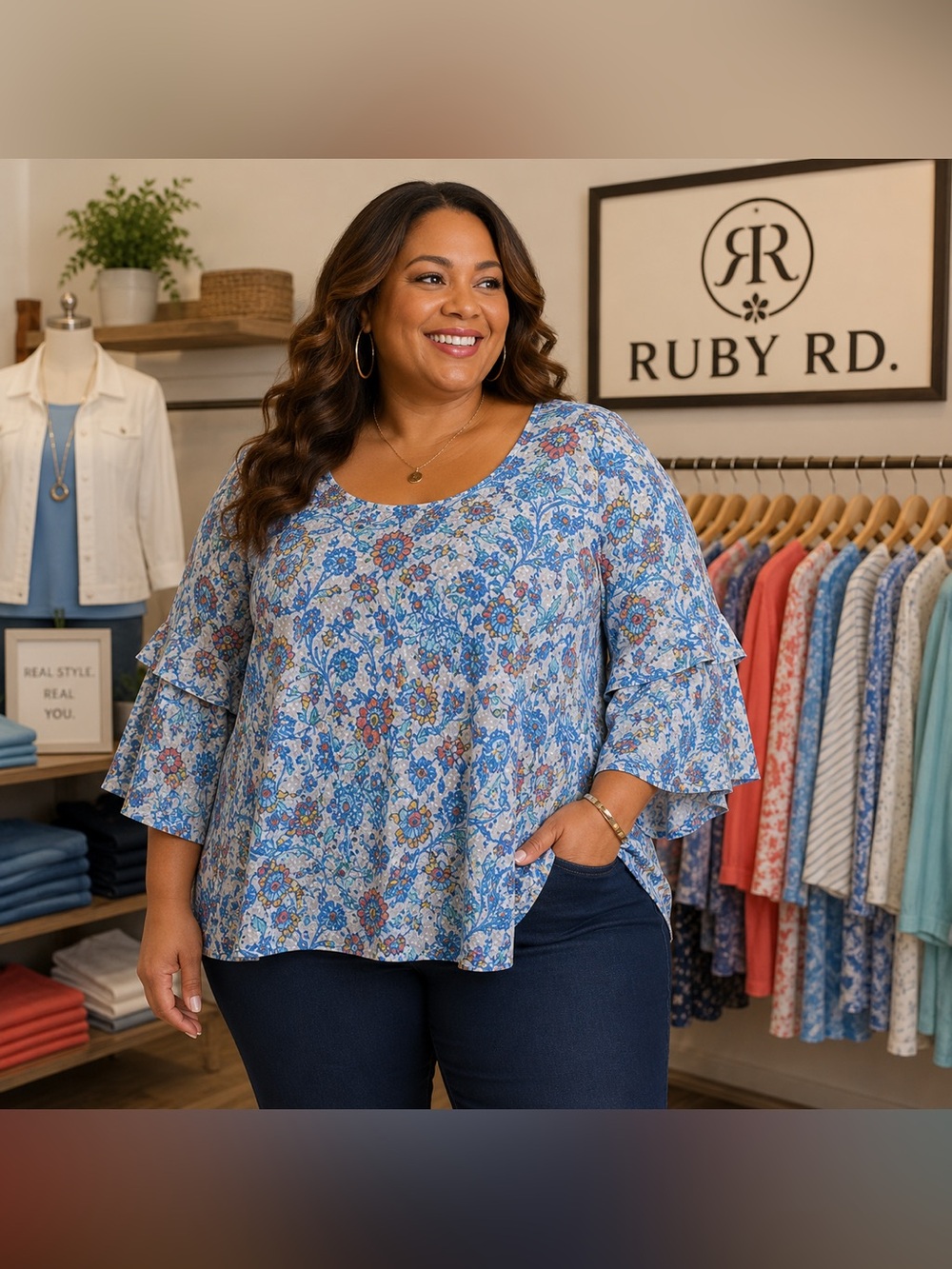 Ruby Rd. woman Floral Blue Sheer Top (1X)